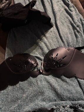 Thistle and Spire Black Strapless Laser-Cut Faux Leather Bra Callisto bra